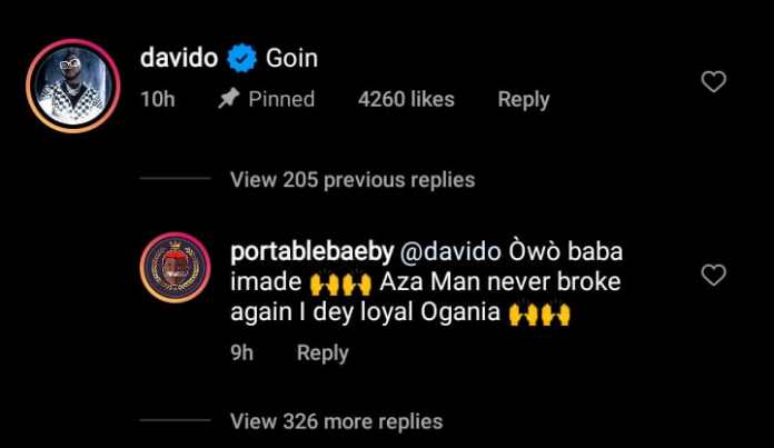 “Owo Baba Imade, I dey loyal Ogania”- Excited Portable reacts as Davido leaves comment on his post months after Osun saga [Video]