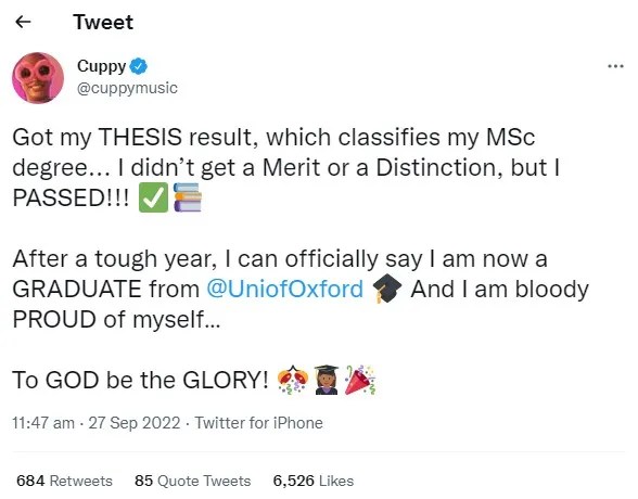 Dj Cuppy celebrates as she graduates from Oxford university