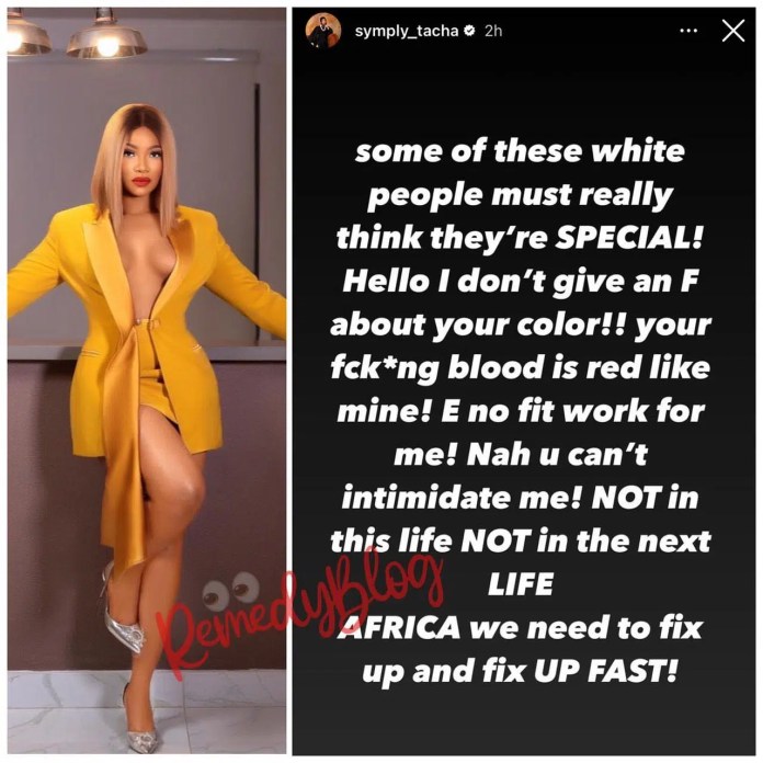 “I don’t give an F about your colour!”- Tacha blows hot after facing racism in Dubai