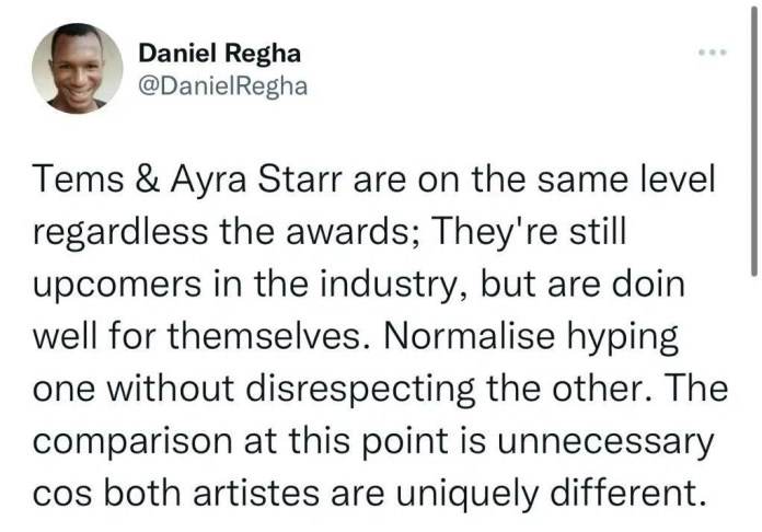 Ayra Starr and Tems are on the same level- Daniel Regha