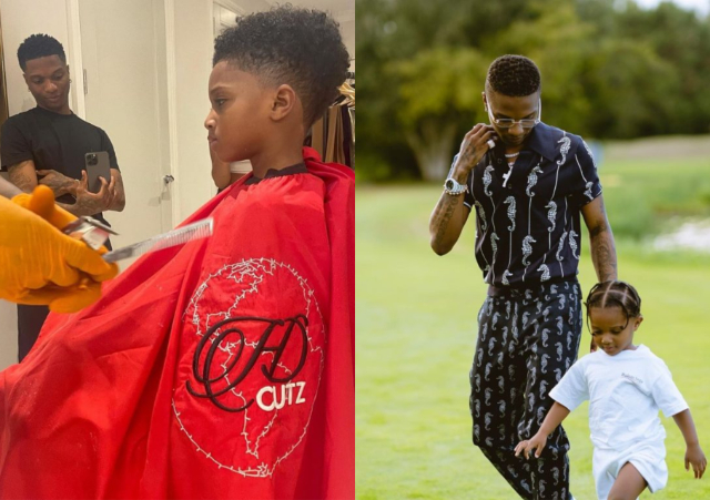 Momemt Wizkid took his son, Zion to get his first haircut at the age of four (video)