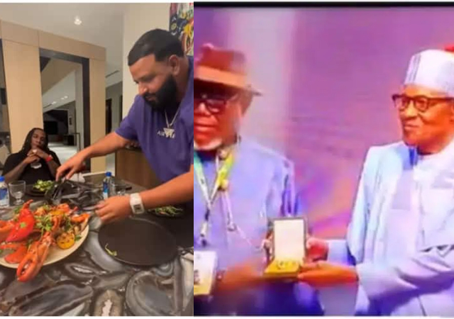 Odogwu dey Dj Khaled crib dey chop lobsters- Reactions as Burna Boy’s father receives MFR award on his behalf from Buhari [Video]