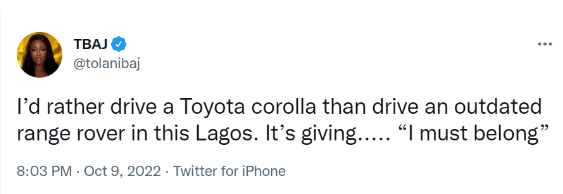 “I’d rather driver Toyota Corolla than outdated Range Rover”- Tolani Baj reveals, gives reasons