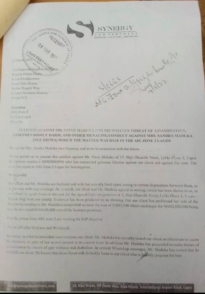 How Steve Maduka Threatened To Assassinate Sandra Iheuwa, Cheated and Infected Her with STD” Lawyers Say In Petition to IGP and American Embassy