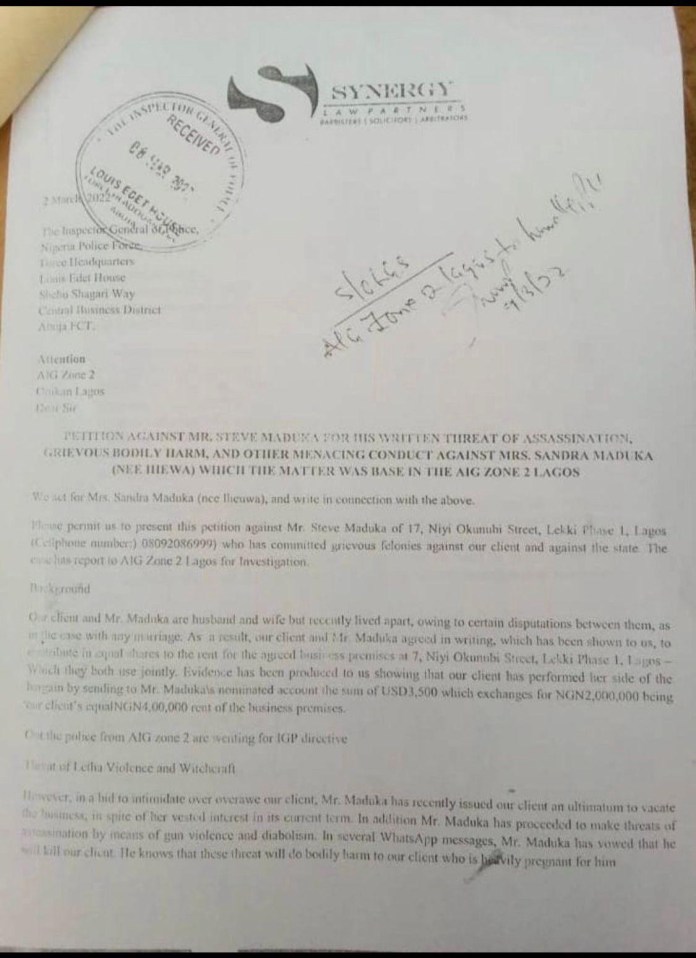 How Steve Maduka Threatened To Assassinate Sandra Iheuwa, Cheated and Infected Her with STD” Lawyers Say In Petition to IGP and American Embassy