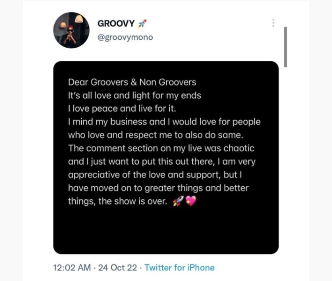 “I’ve moved on, respect me and do same” – Groovy addresses fans of Phyna, Beauty, other co-reality stars