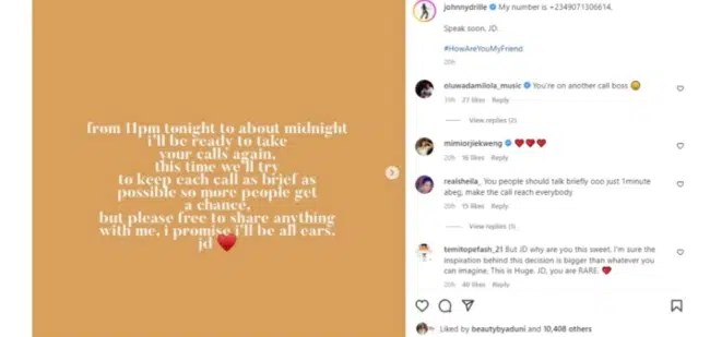 Johnny Drille shares mobile number publicly to fans on IG to call him