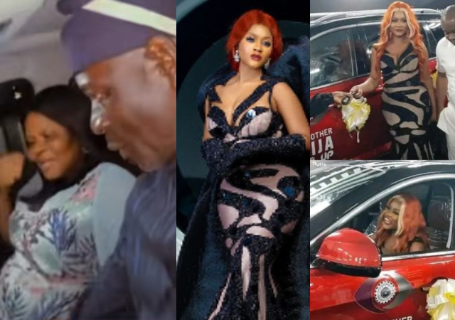 “See motor na, e too sharp” – Proud Parents of BBNaija’s Phyna excited as they enter Phyna’s new ride [Video]