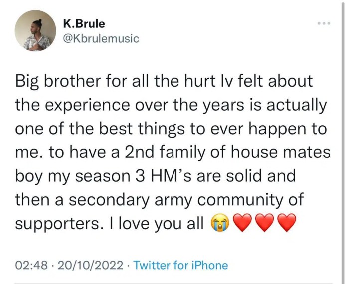 BBNaija: You guys are like second family- K.Brule writes emotional note to his fellow housemates following Rico’s death