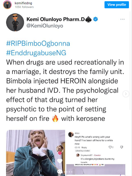 “Late IVD’s wife was a HEROIN user, Her family KNEW it and mostly covered her marital problems with domesticviolence”   Kemi Olunloyo blows hot