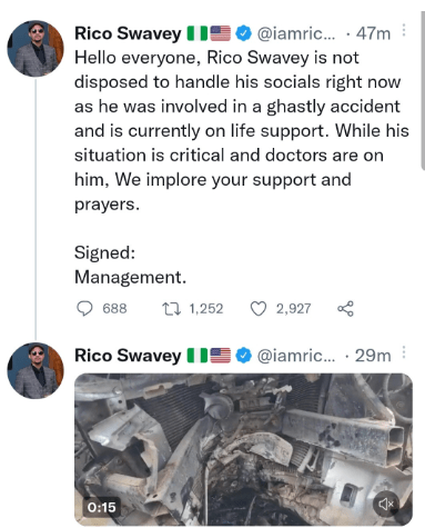 BBNaija’s Tobi Bakre Releases Photo of Rico Swavey on Life Support, Seeks Financial Support from Nigerians
